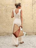 Women's Solid Color Bohemian High-Waisted Wide-Leg Jumpsuit Round Neck Back Lace Patchwork for Parties & Daily Wear
