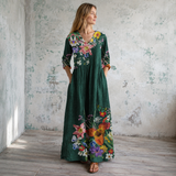 Women's Boho Floral Print Maxi Dress, V Neck 3/4 Sleeve Loose Casual Long Dress with Pockets