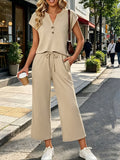 Women'S Easy Casual Henley Button-Up Top And Straight Capri Pants Set, Daily Commute Lazy 2Pcs Outfit, Loose Comfortable