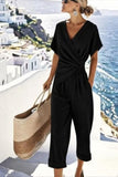 Women’s 2 Piece Summer Outfits Short Sleeve Wrap Top and Wide-Leg Pants Set Casual Resort Lounge Set with Pockets