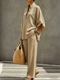 Women’s 2 Piece Outfits Oversized Button Top and Wide Leg Pants Set Casual Summer Vacation Matching Set