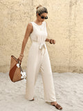 Women's Solid Color Bohemian High-Waisted Wide-Leg Jumpsuit Round Neck Back Lace Patchwork for Parties & Daily Wear