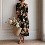 Women's Boho Floral Print Maxi Dress, V Neck 3/4 Sleeve Loose Casual Long Dress with Pockets