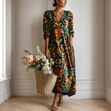 Women's Boho Floral Print Maxi Dress, V Neck 3/4 Sleeve Loose Casual Long Dress with Pockets