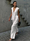 Women's 2 Piece Cotton Set Sleeveless V Neck Top and Wide Leg Pants Set, Comfortable and Soft for Casual and Summer Wear