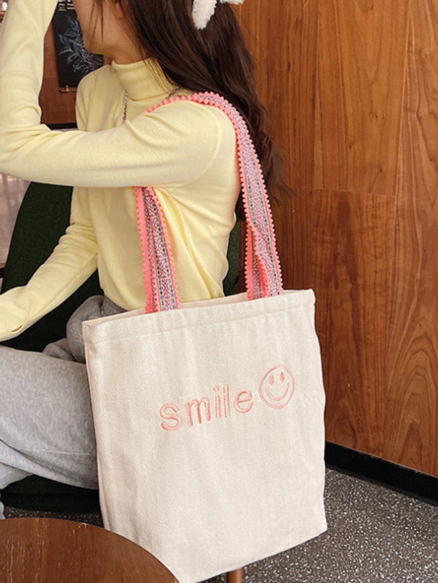 Moss Rose Smile Face Woven Tote 