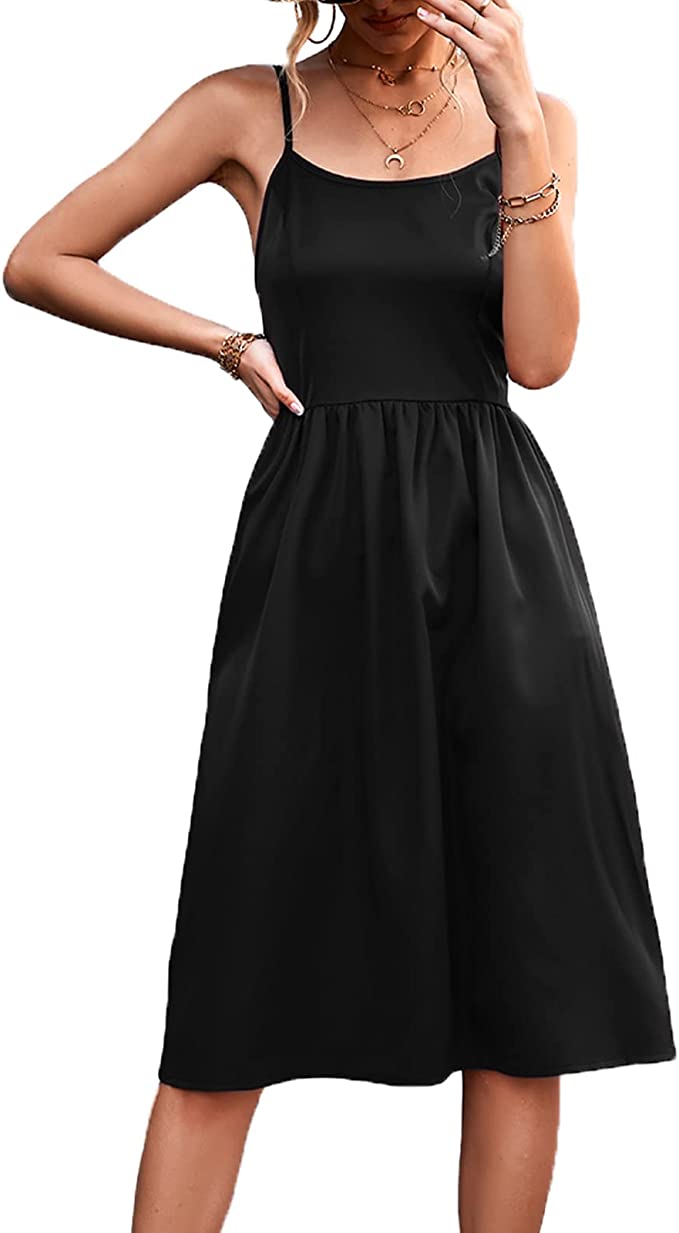Women's Summer Midi Dress Sexy Adjustable Spaghetti Strap Pleated Party Dresses
