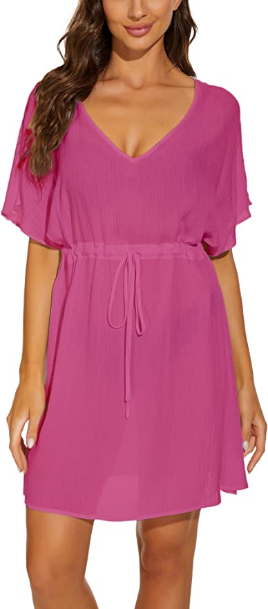 Moss Rose Women Casual Sexy Swim Cover up V-Neck Summer Beachwear Short Sleeve Mini Beach Dress with Belt