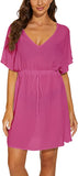 Moss Rose Women Casual Sexy Swim Cover up V-Neck Summer Beachwear Short Sleeve Mini Beach Dress with Belt