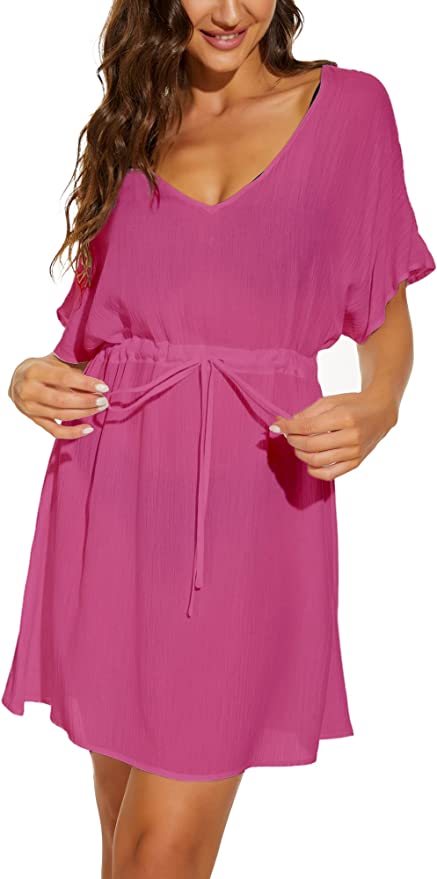 Moss Rose Women Casual Sexy Swim Cover up V-Neck Summer Beachwear Short Sleeve Mini Beach Dress with Belt
