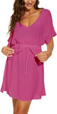 Moss Rose Women Casual Sexy Swim Cover up V-Neck Summer Beachwear Short Sleeve Mini Beach Dress with Belt