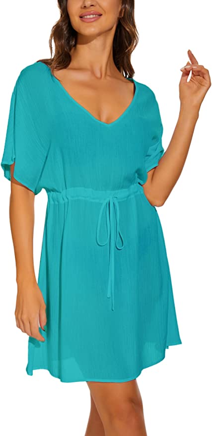 Moss Rose Women Casual Sexy Swim Cover up V-Neck Summer Beachwear Short Sleeve Mini Beach Dress with Belt