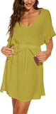 Moss Rose Women Casual Sexy Swim Cover up V-Neck Summer Beachwear Short Sleeve Mini Beach Dress with Belt