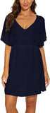 Moss Rose Women Casual Sexy Swim Cover up V-Neck Summer Beachwear Short Sleeve Mini Beach Dress with Belt