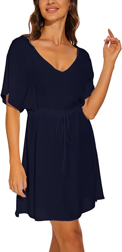 Moss Rose Women Casual Sexy Swim Cover up V-Neck Summer Beachwear Short Sleeve Mini Beach Dress with Belt