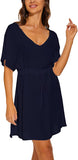 Moss Rose Women Casual Sexy Swim Cover up V-Neck Summer Beachwear Short Sleeve Mini Beach Dress with Belt