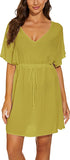 Moss Rose Women Casual Sexy Swim Cover up V-Neck Summer Beachwear Short Sleeve Mini Beach Dress with Belt