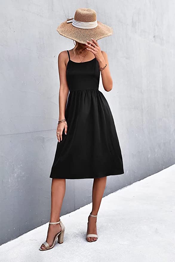 Women's Summer Midi Dress Sexy Adjustable Spaghetti Strap Pleated Party Dresses
