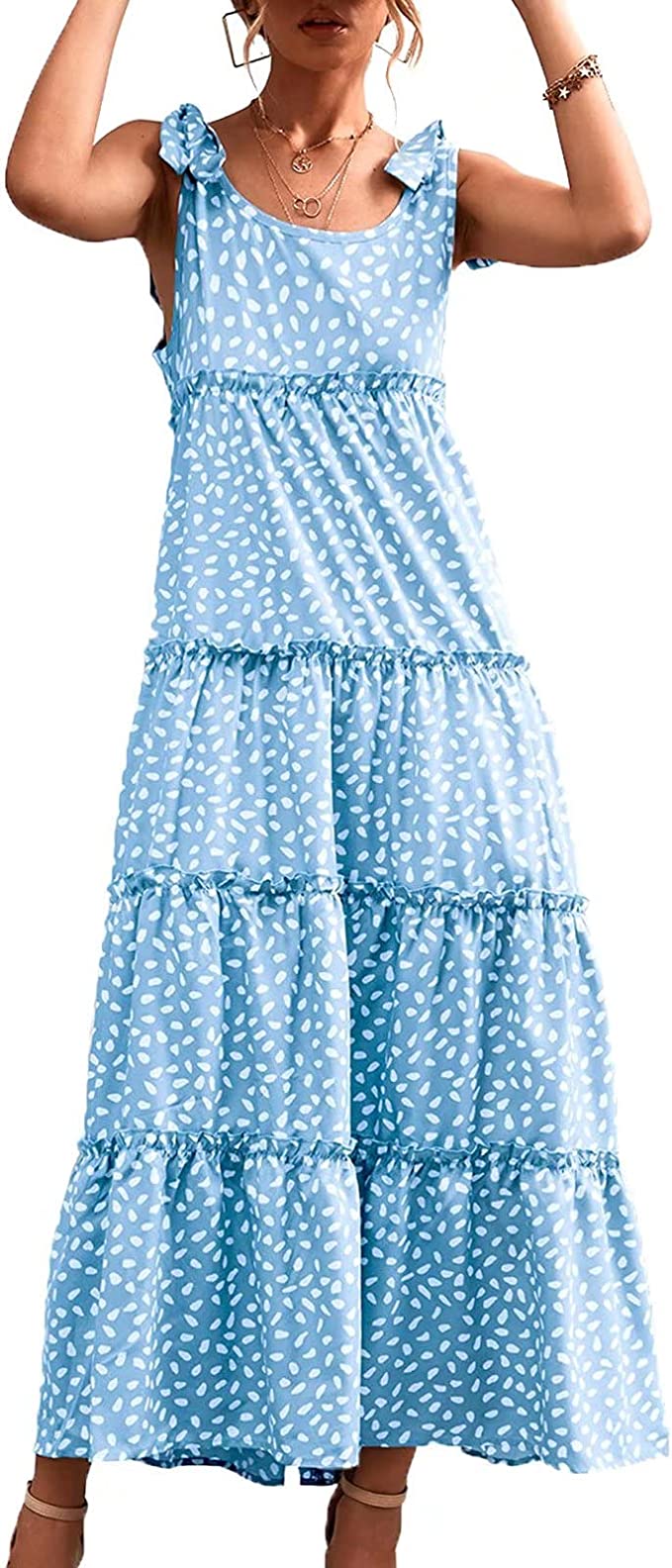 Womens Floral Summer Boho Maxi Dress Spaghetti Strap Ruffle Tiered Beach Dresses