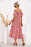 Women's Casual Loose Beach Dress Off Shoulder Ruffle Sleeve Dress Plaid Tiered Long Summer Desses