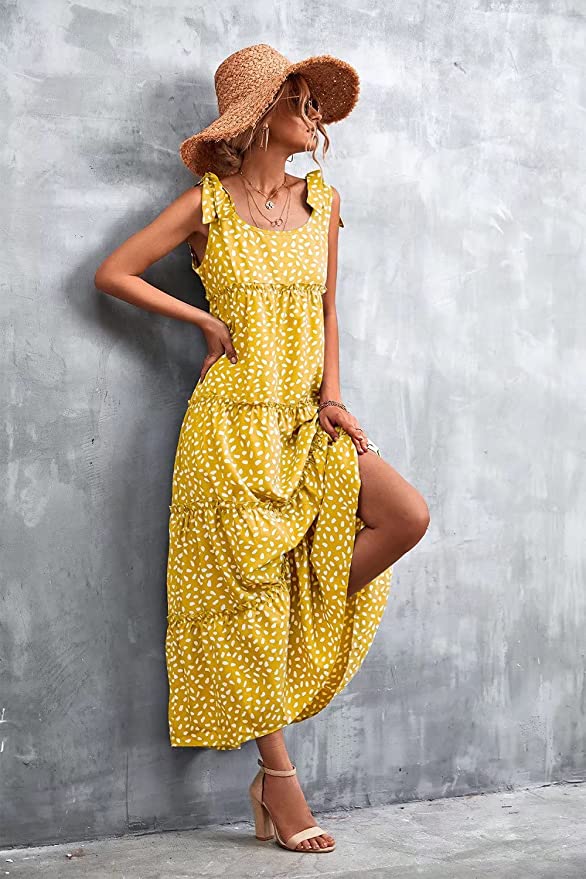 Womens Floral Summer Boho Maxi Dress Spaghetti Strap Ruffle Tiered Beach Dresses