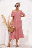Women's Casual Loose Beach Dress Off Shoulder Ruffle Sleeve Dress Plaid Tiered Long Summer Desses