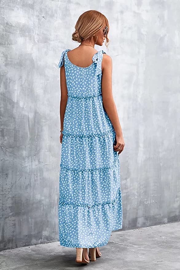 Womens Floral Summer Boho Maxi Dress Spaghetti Strap Ruffle Tiered Beach Dresses