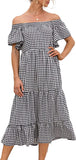 Women's Casual Loose Beach Dress Off Shoulder Ruffle Sleeve Dress Plaid Tiered Long Summer Desses