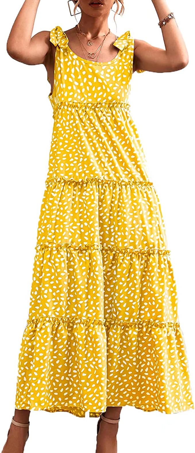 Womens Floral Summer Boho Maxi Dress Spaghetti Strap Ruffle Tiered Beach Dresses
