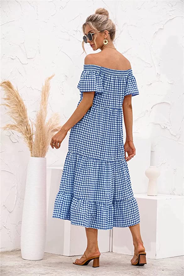 Women's Casual Loose Beach Dress Off Shoulder Ruffle Sleeve Dress Plaid Tiered Long Summer Desses