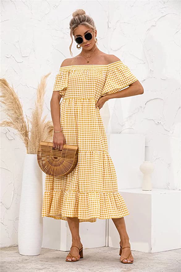 Women's Casual Loose Beach Dress Off Shoulder Ruffle Sleeve Dress Plaid Tiered Long Summer Desses