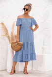 Women's Casual Loose Beach Dress Off Shoulder Ruffle Sleeve Dress Plaid Tiered Long Summer Desses