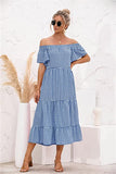 Women's Casual Loose Beach Dress Off Shoulder Ruffle Sleeve Dress Plaid Tiered Long Summer Desses