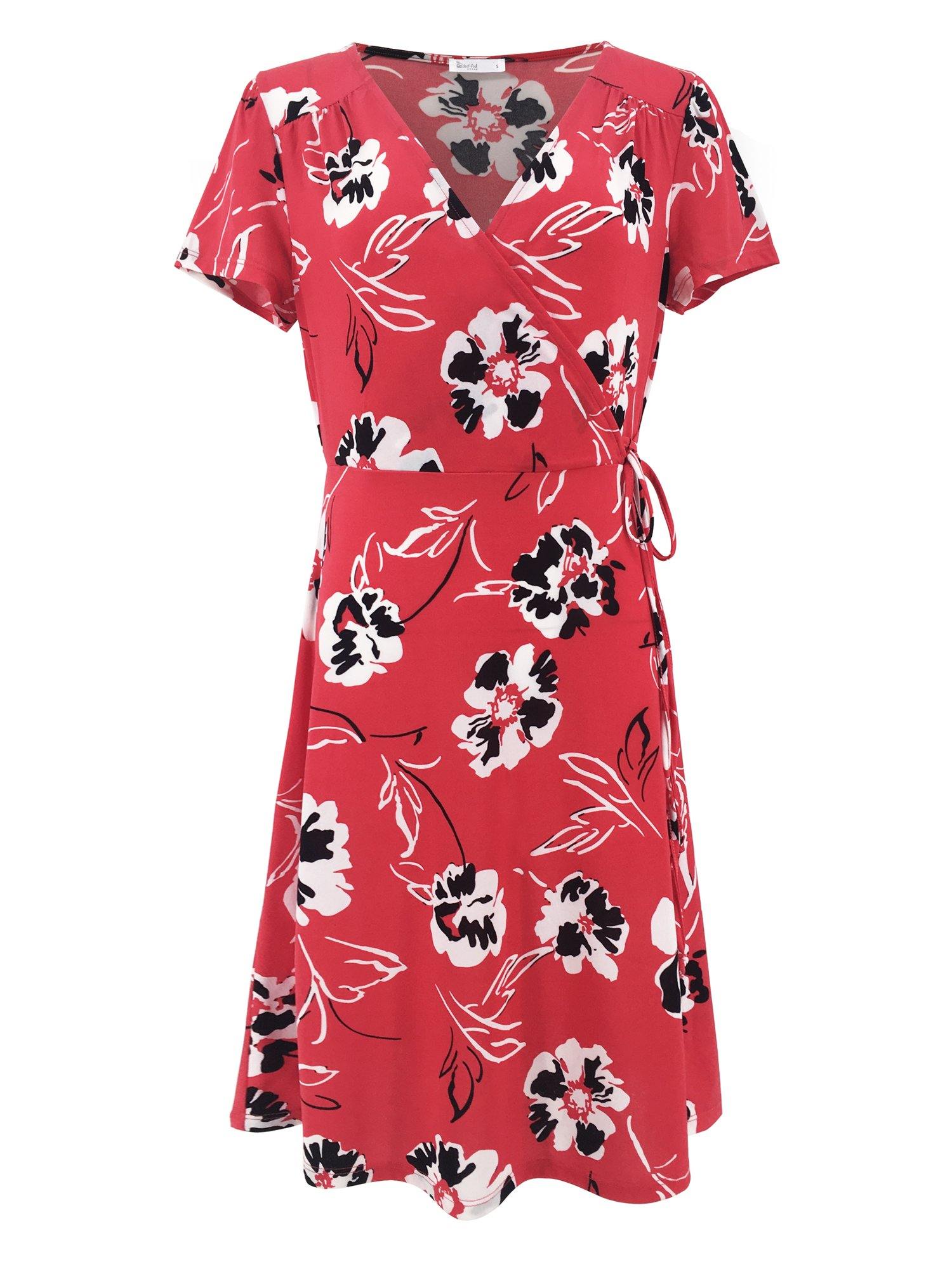 Moss Rose Red Floral Wrap Mini Dress  