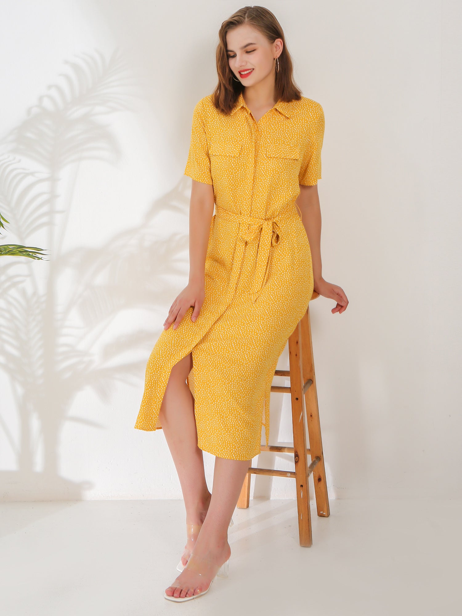 Waythefree Yellow Dot Print Midi Shirt Dress