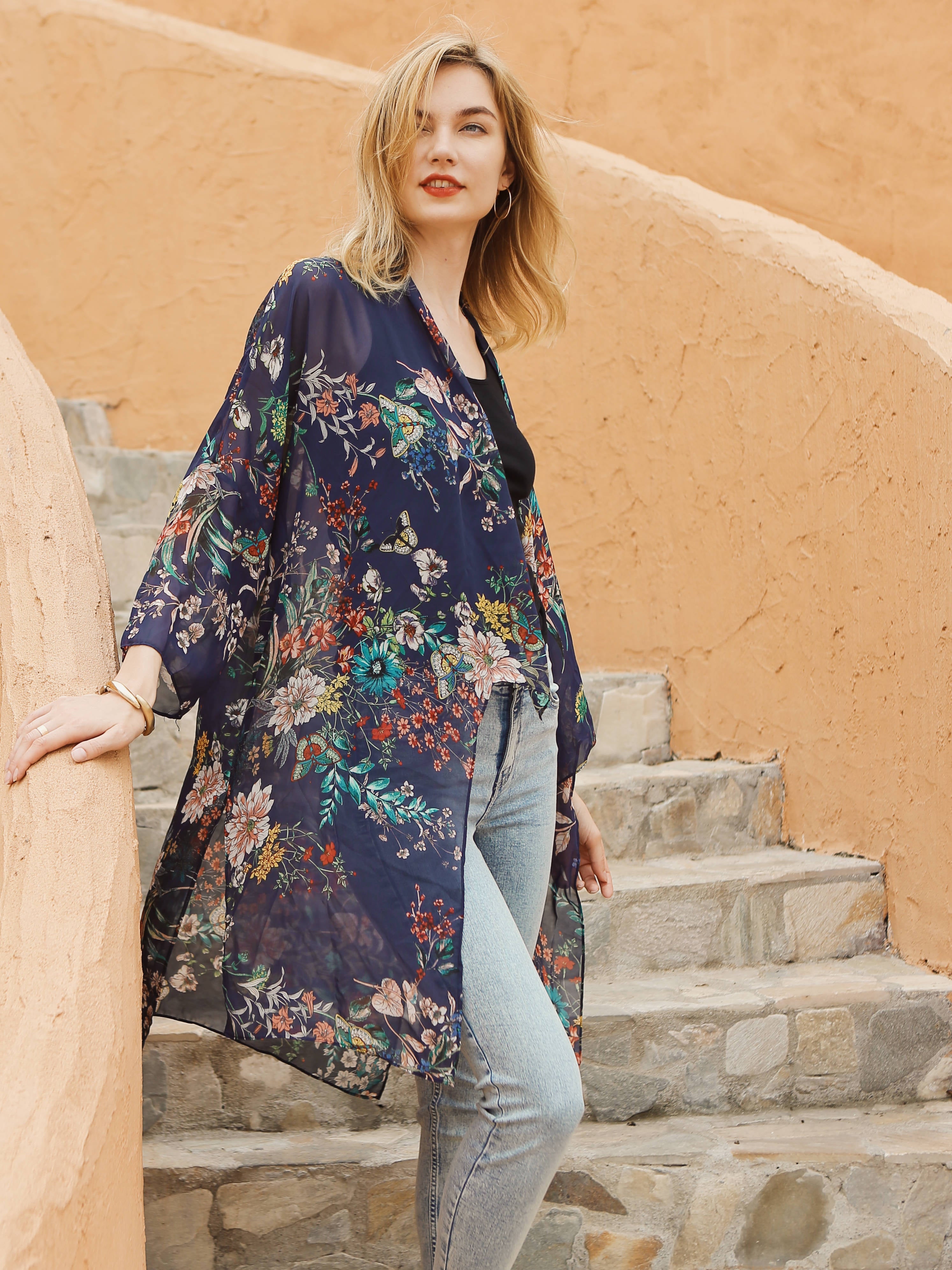 Moss Rose Navy Flora Airy Cover Up